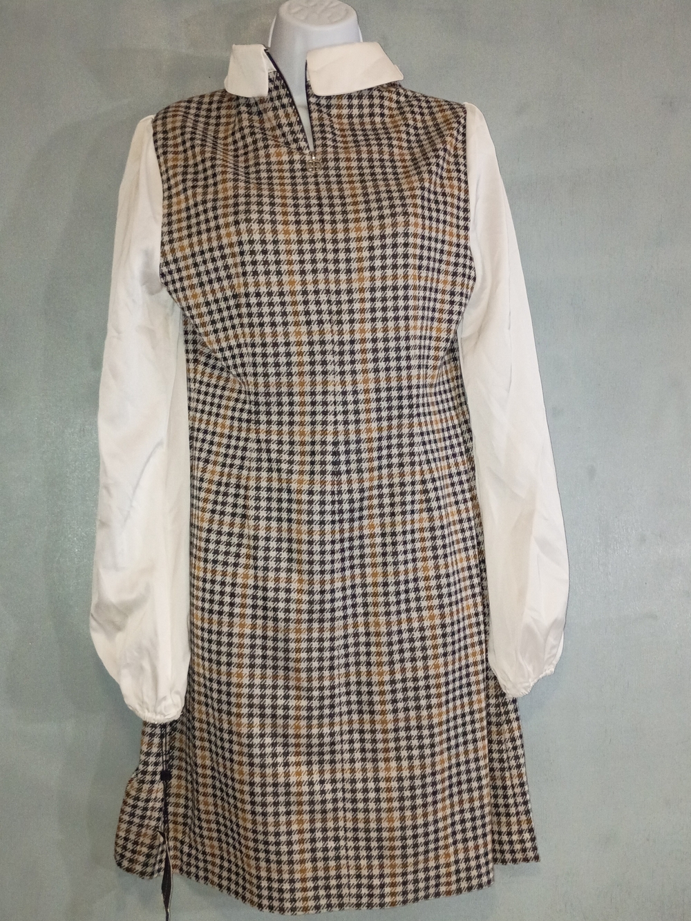 Tommy Hilfiger Black, Tan and White Houndstooth Pinafore Dress with White Blouse